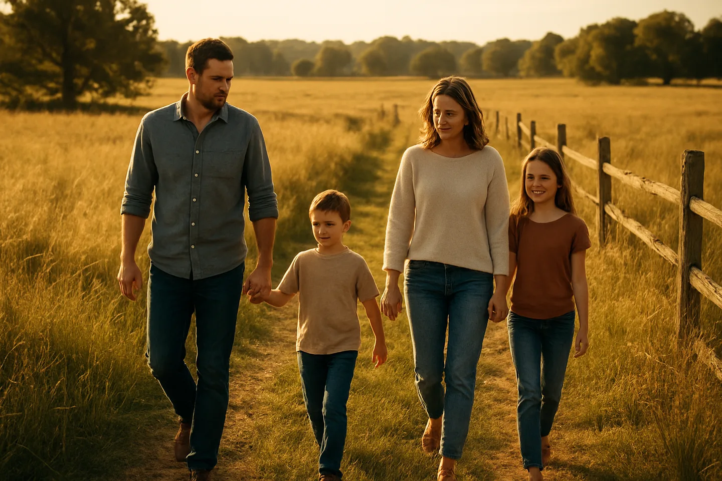 Family walking along inherited rural property