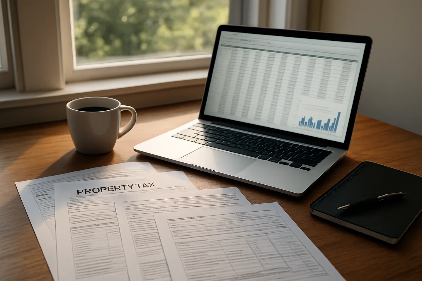 Property tax documents and laptop on a desk