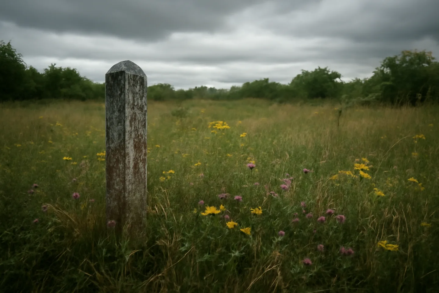 Overgrown inherited land parcel with boundary marker