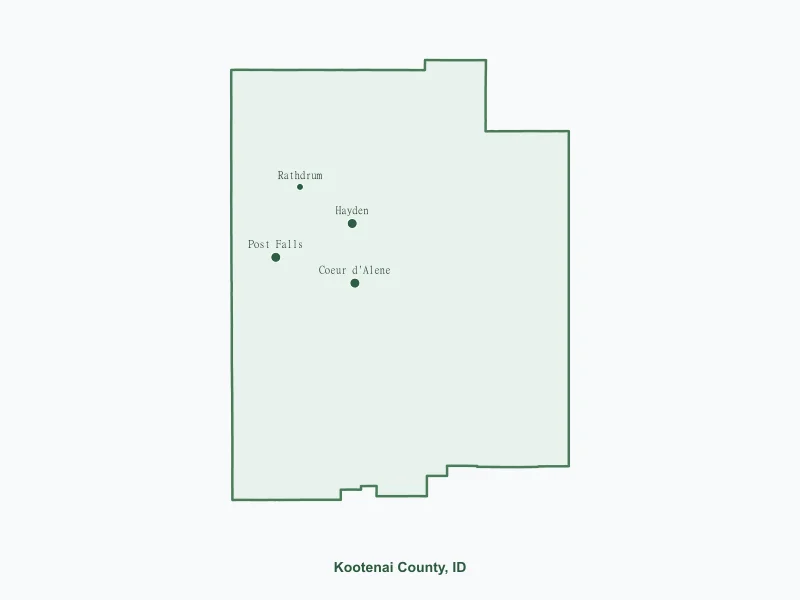 Map of Kootenai County, ID showing major cities